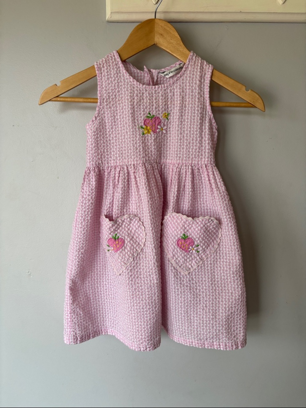 Pink Seersucker Gingham Embroidered Summer Dress Hearts Floral Sleeveless Kids